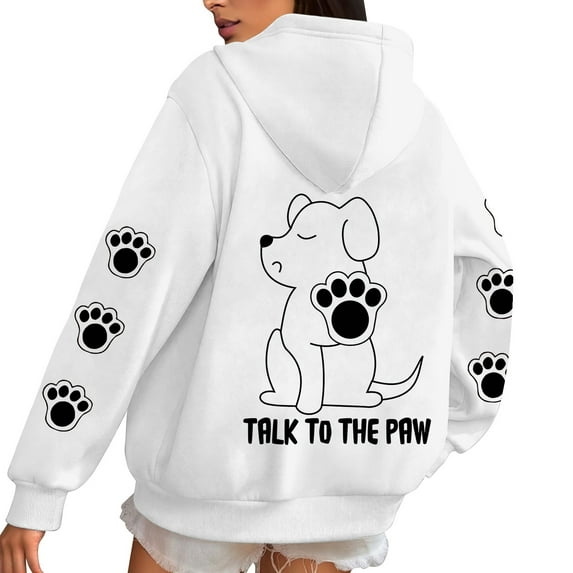 Oversize Women Hoodie Sweatshirts Cute Cartoon Dog Paw Print Long Sleeve Drawstring Pullover Shirts With Pockets