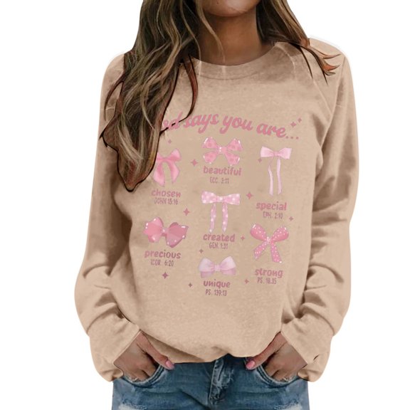 Oversize Women Sweatshirts Cute Sweet Letter Bow Print Long Sleeve Crew Neck Pullover Hoodies Tops