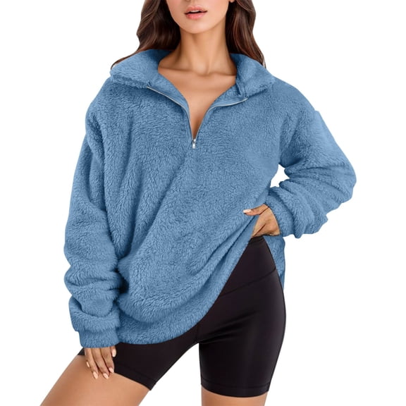 Oversize Women Sweatshirts Fuzzy Half Zipper Long Sleeve Warm Pullover Shirts