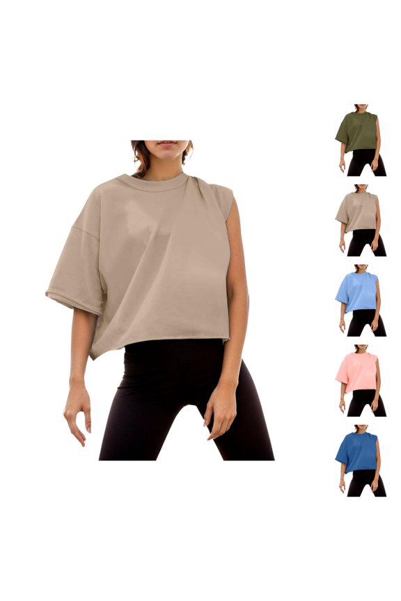 Oversize Workout Crop Tops for Women Summer Casual Short Sleeve Drop Shoulder Boxy T-Shirts Basic Loose Yoga Running Tees