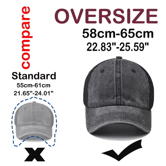 Oversize XXL Black Net Baseball Hats for Men and Women, Large Hats for Big Head Net Hats Washed Black