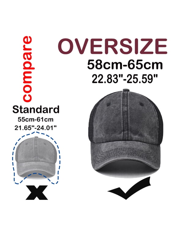 Oversize XXL Black Net Baseball Hats for Men and Women, Large Hats for Big Head Net Hats Washed Black