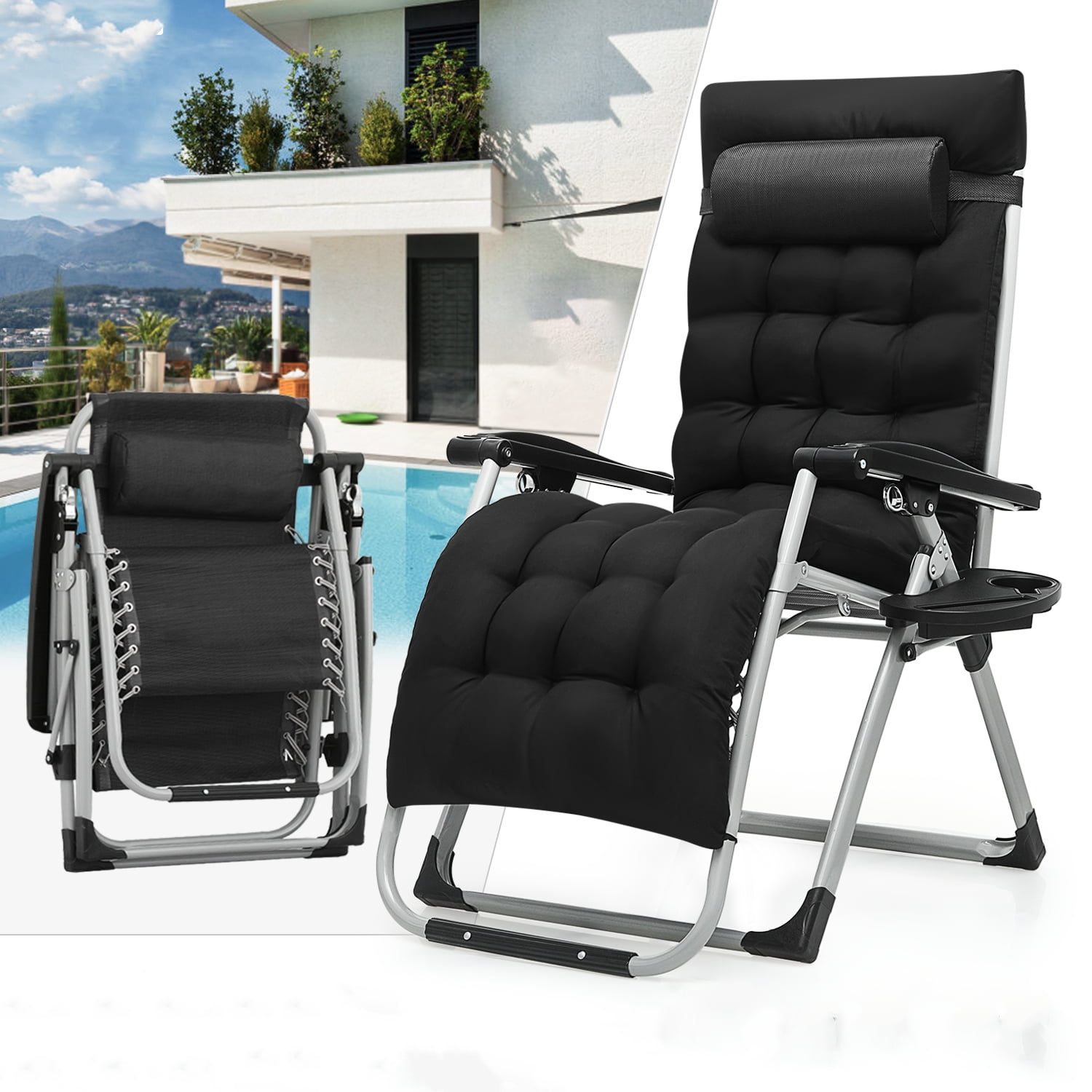 Oversize Zero Gravity Patio Recliner, Foldable Padded Lounger Chair ...
