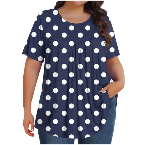 Oversize t-Shirt for Women Round Neck polka Dot short Sleeve Shirt Fashion Pleated Front Tops ,Blue,XXL