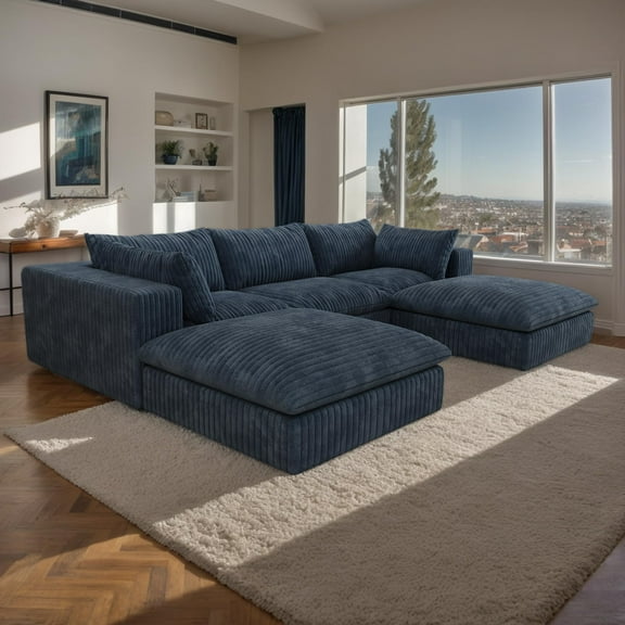 Oversized 118 "W Corduroy Boneless Couches with 2 Ottomans, No Assembly Required, Modular Sectional Sofa with Removal Cushion, Comfy Plush Upholstered Couch for Apartment/Living Room
