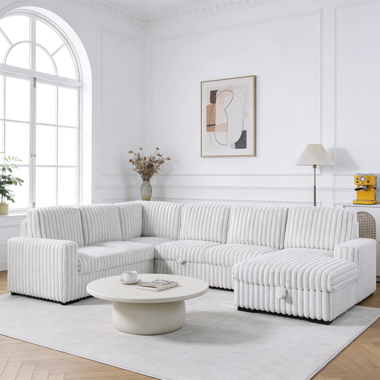 Oversized 122" U-Shaped Sectional Sleeper Sofa Bed with Pull-Out Bed,Storage Chaise,Rabbit Plush,7-Seat,Grayish White