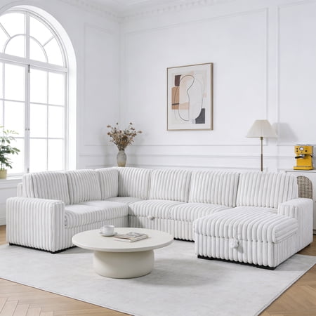Oversized 122" U-Shaped Sectional Sleeper Sofa Bed with Pull-Out Bed,Storage Chaise,Rabbit Plush,7-Seat,Grayish White