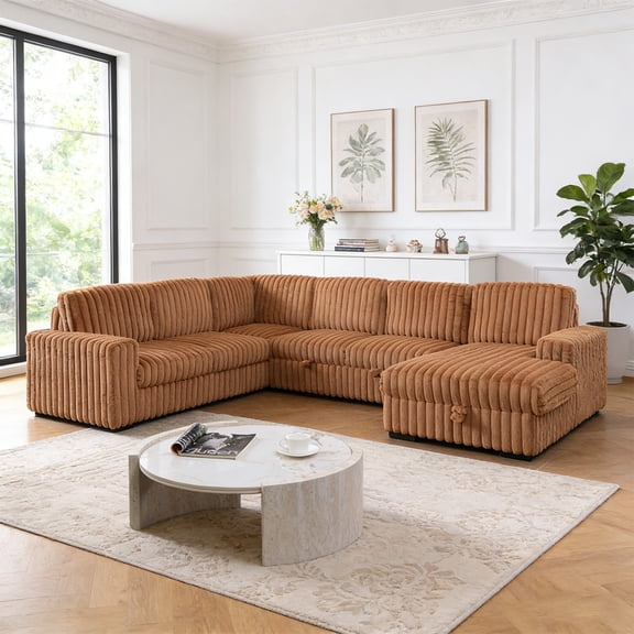 Oversized 122" U-Shaped Sectional Sleeper Sofa Bed with Pull-Out Bed,Storage Chaise,Rabbit Plush,7-Seat, Orange