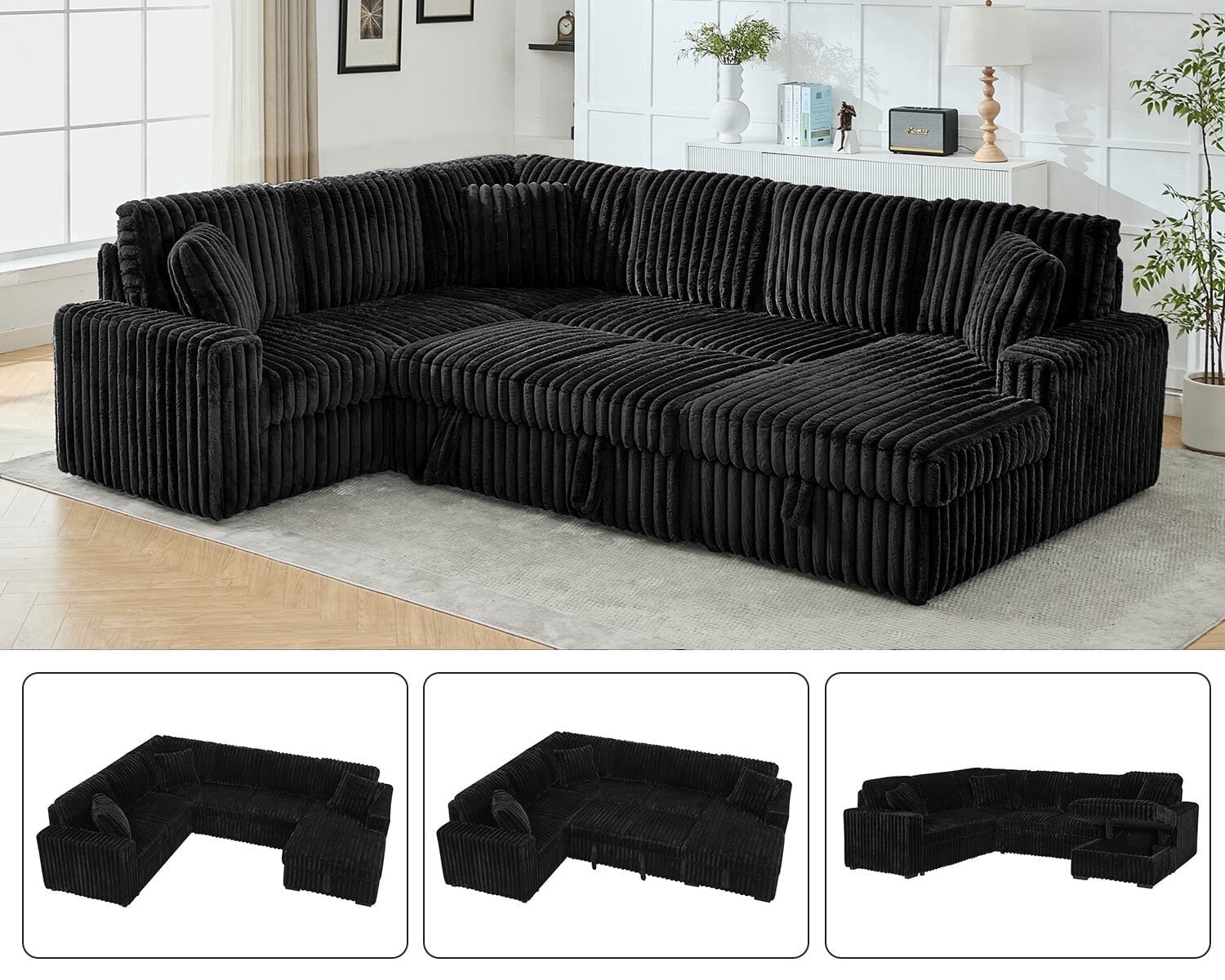 Oversized 122" U-Shaped Sectional Sleeper Sofa Bed with Pull-Out Bed,Storage Chaise,Type-C USB,Fuzzy Plush,7-Seat,Black