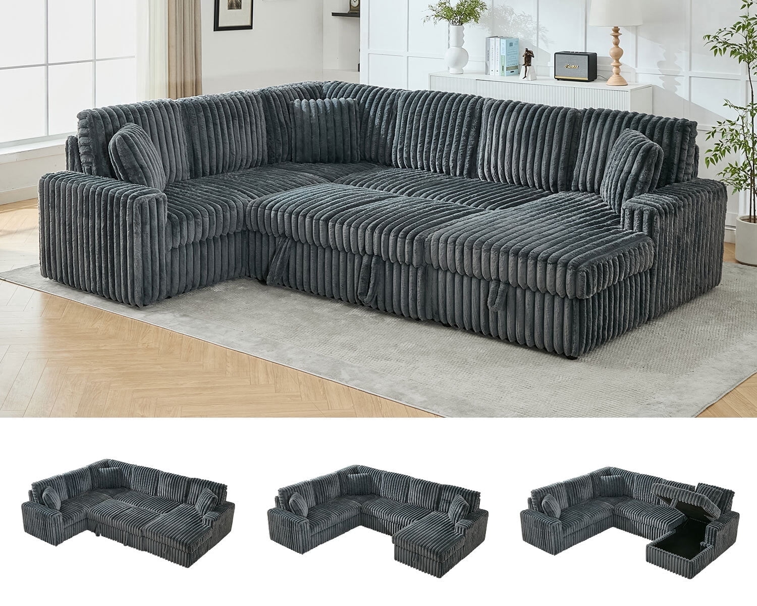 Oversized 122" U-Shaped Sectional Sleeper Sofa Bed with Pull-Out Bed,Storage Chaise,Type-C USB,Fuzzy Plush,7-Seat,Deep Gray