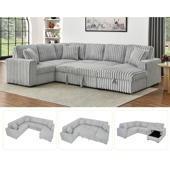 Oversized 122" U-Shaped Sectional Sleeper Sofa Bed with Pull-Out Bed,Storage Chaise,Type-C USB,Fuzzy Plush,7-Seat,Gray