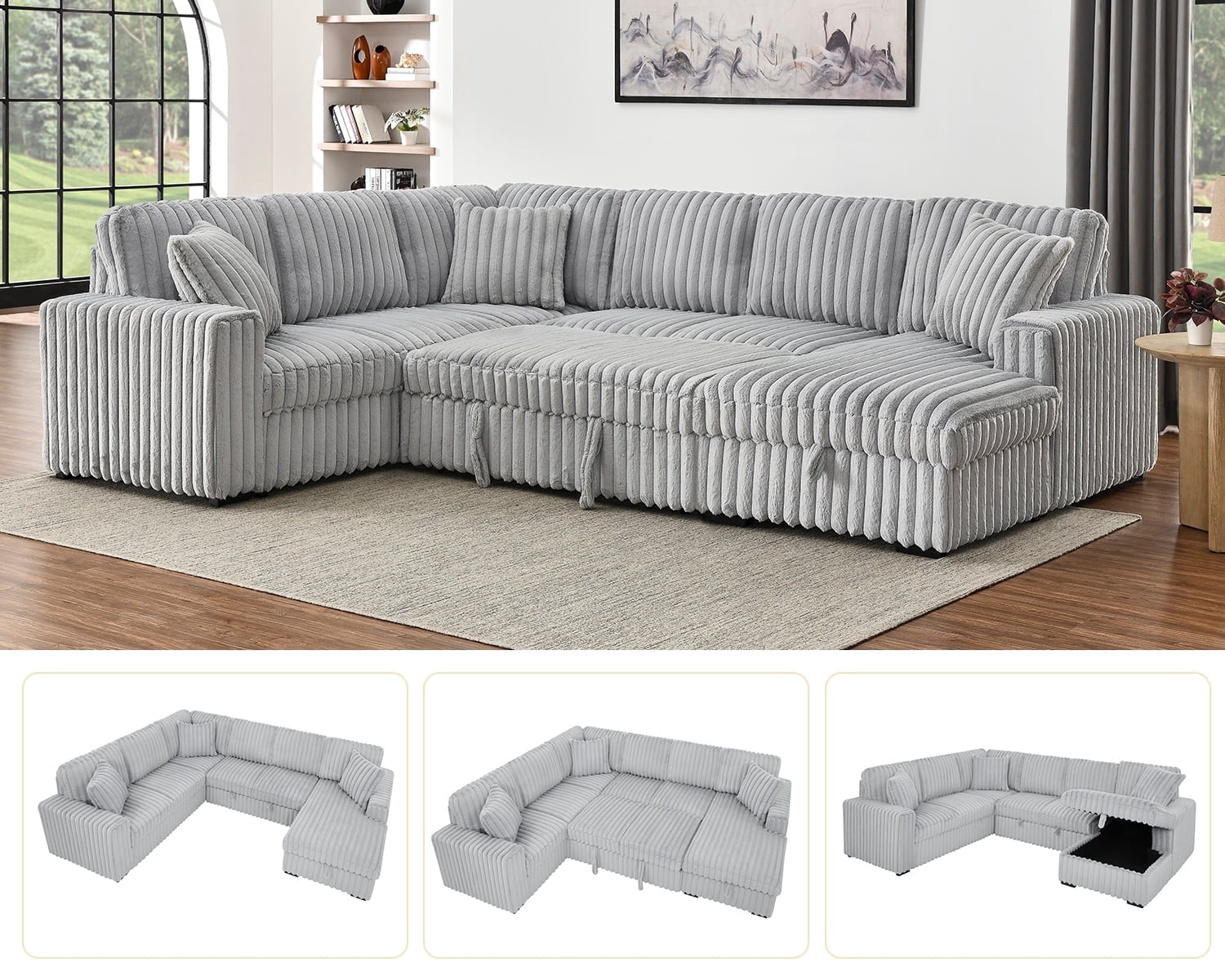 Oversized 122" U-Shaped Sectional Sleeper Sofa Bed with Pull-Out Bed,Storage Chaise,Type-C USB,Fuzzy Plush,7-Seat,Gray