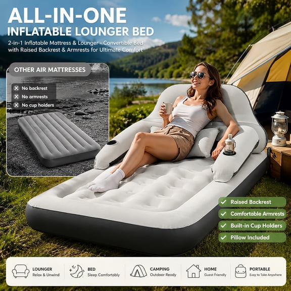 Oversized 2-In-1 Inflatable Sofa Bed With Backrest Pillows Cup Holders For Indoor Outdoor Use