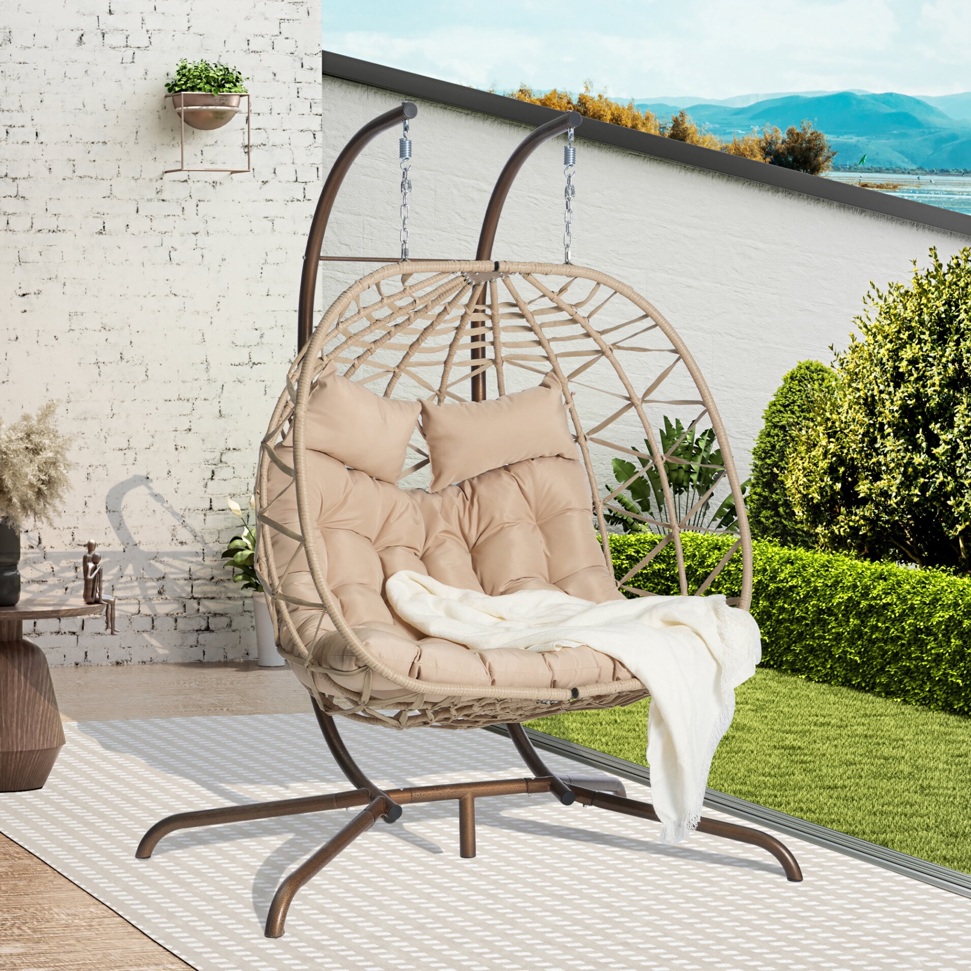 Oversized 2 Person Hanging Egg Chair with Stand, Outdoor Indoor Patio ...