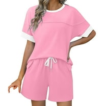 Oversized 2 Piece Set for Womens Summer Color Block Short Sleeve Tops Matching Shorts Lounge Sets