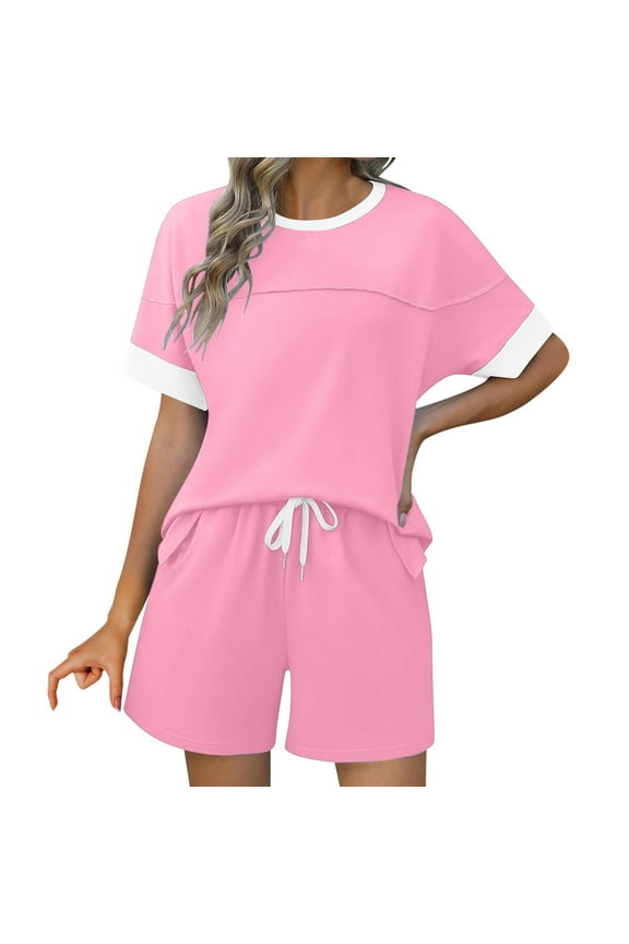 Oversized 2 Piece Set for Womens Summer Color Block Short Sleeve Tops Matching Shorts Lounge Sets
