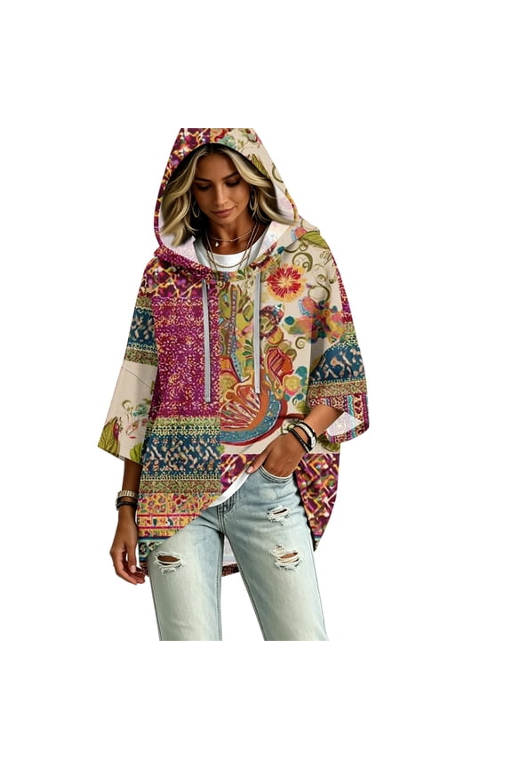 Oversized 3/4 Sleeve Hoodie for Women Loose Casual Drawstring Hooded Floral Patchwork Pattern Pullover Tops