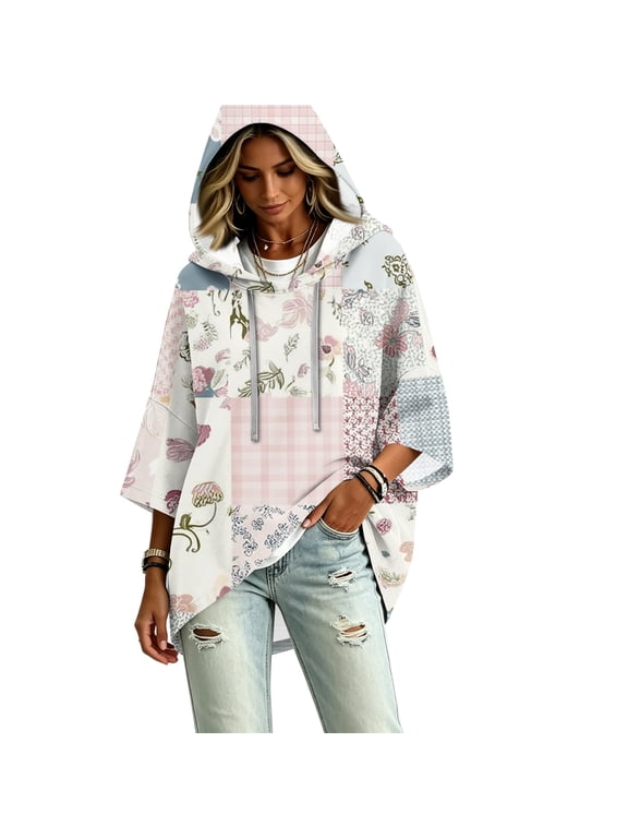 Oversized 3/4 Sleeve Hoodie for Women Loose Casual Drawstring Hooded Floral Patchwork Pattern Pullover Tops
