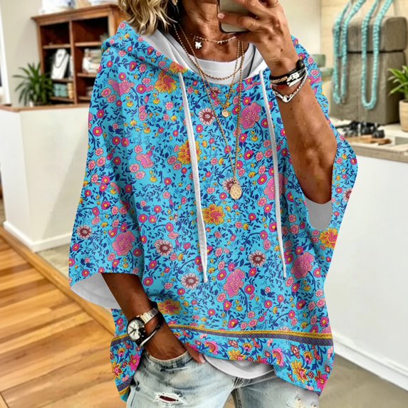 Oversized 3/4 Sleeve Hoodie for Women Retro Floral Graphic Pullover Hooded Sweatshirt Casual Y2K Fall Outfit