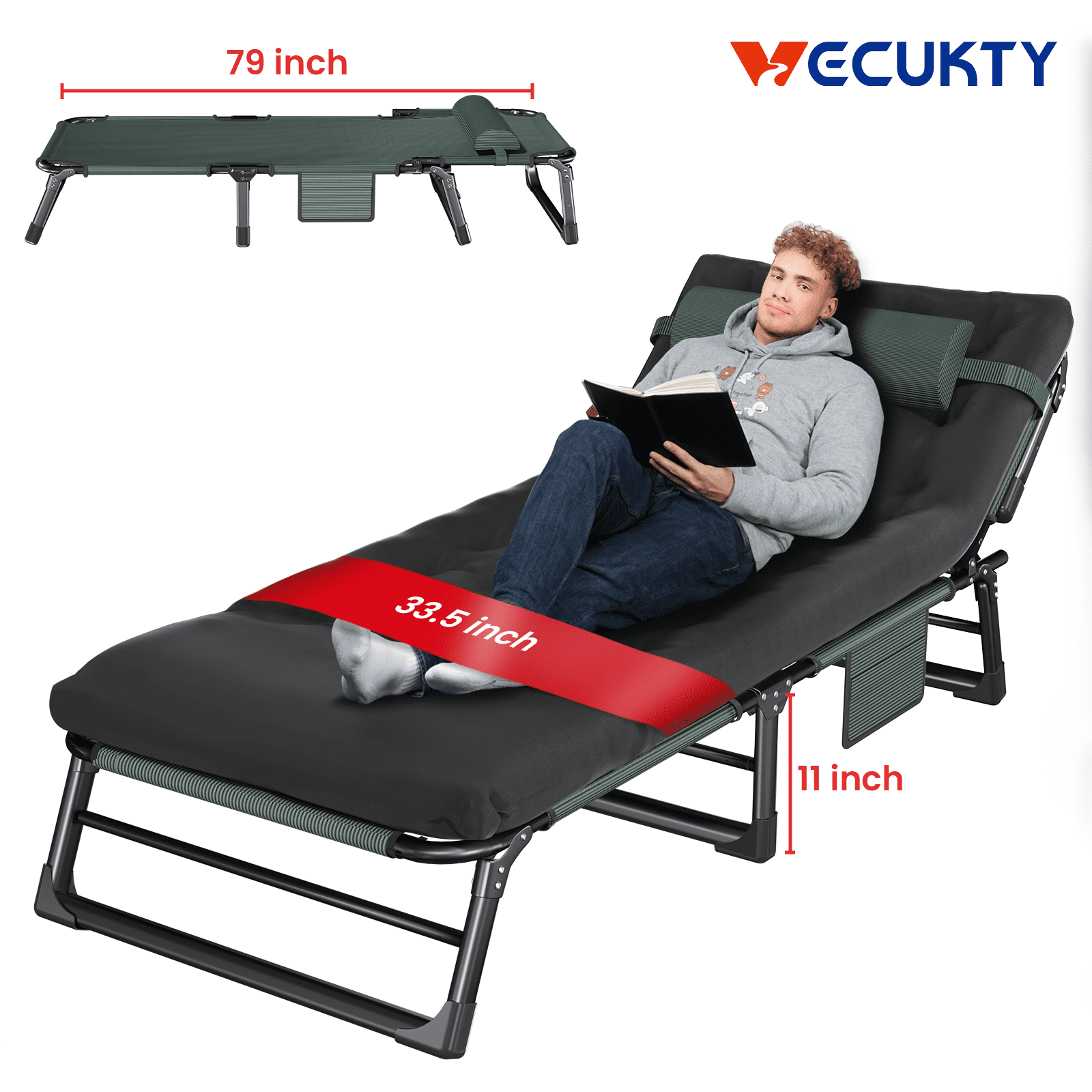 VECUKTY Foldable Camping Cot, 500lb Capacity Reclining Lounge Chair with Pillow, 4-Position Steel Frame, Oxford Fabric, for Outdoor and Travel