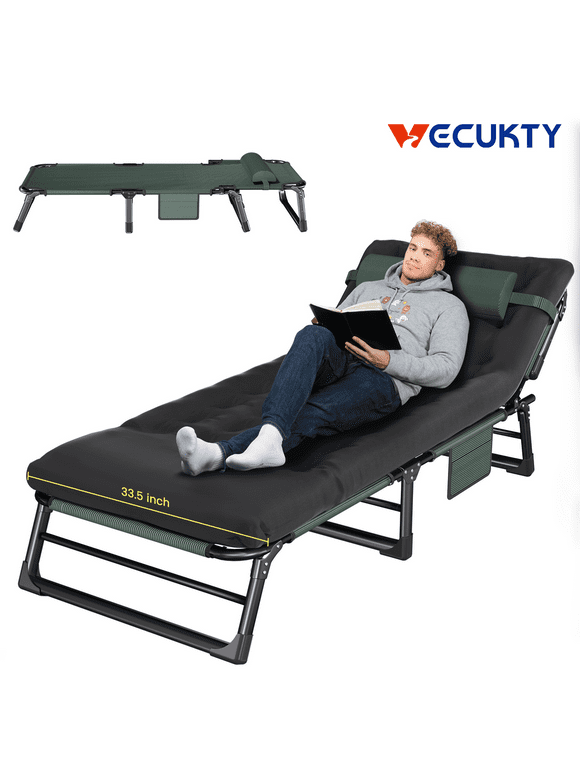 Oversized 33.5in Portable Outdoor Camp Cots,  3 in 1 Adjustable 4 Positions Reclining Lounge Chairs with Pillow, Emergency Sleepover Bed, for Camping, Pool, Beach,Living Room, Patio