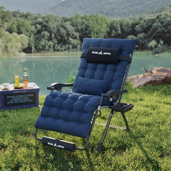 Oversized 33" XXL Zero Gravity Chair – Navy Blue Patio Recliner with Cushion, Pillows, Cup Holder, Footrest & Padded Headrest, 500LB Capacity, Outdoor Folding Recliner
