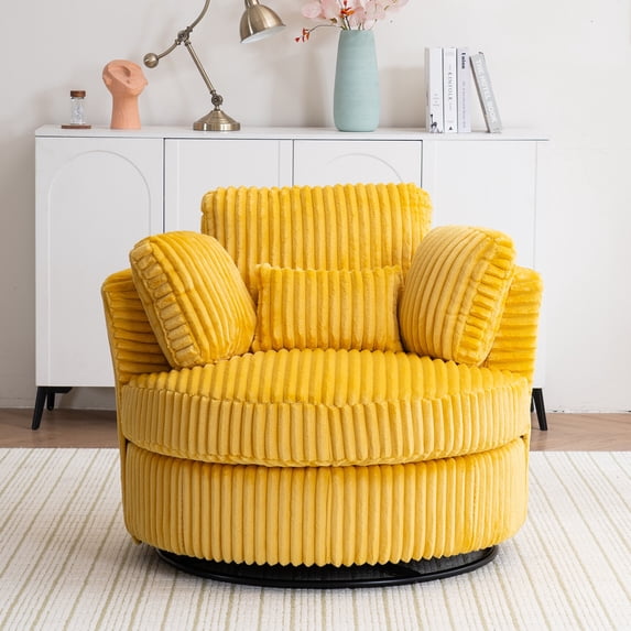 Oversized 360° Swivel Accent Chair with Lumbar Support & 4 Pillows, Mid-Century Modern Corduroy Reading Chair for Living Room Bedroom, Yellow
