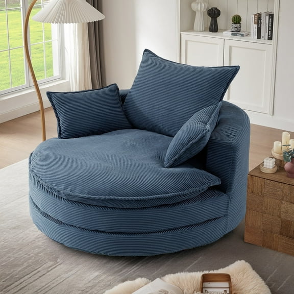 Oversized 360° Swivel Barrel Chair, 57.5" W Corduroy Upholstery Lounge Accent Chair, Blue
