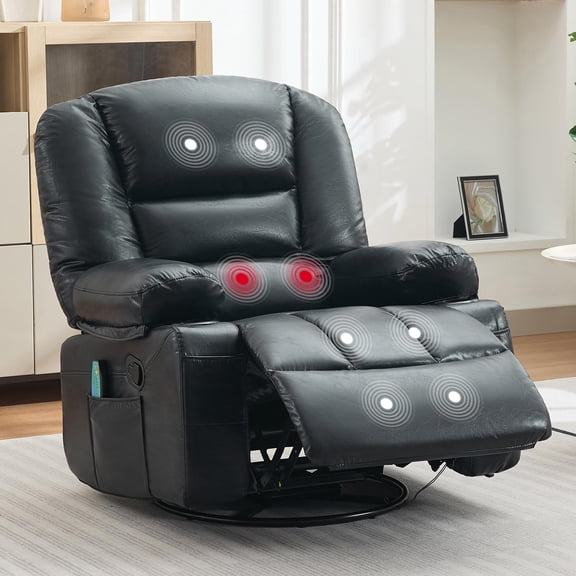 Oversized 360° Swivel Recliner Chair for Adults - Vibration Massage & Heat - Extra Wide, Overstuffed, Ergonomic Manual Rocker with Side Pockets & Cup Holders - Ideal for Living Room, Bedroom, RV