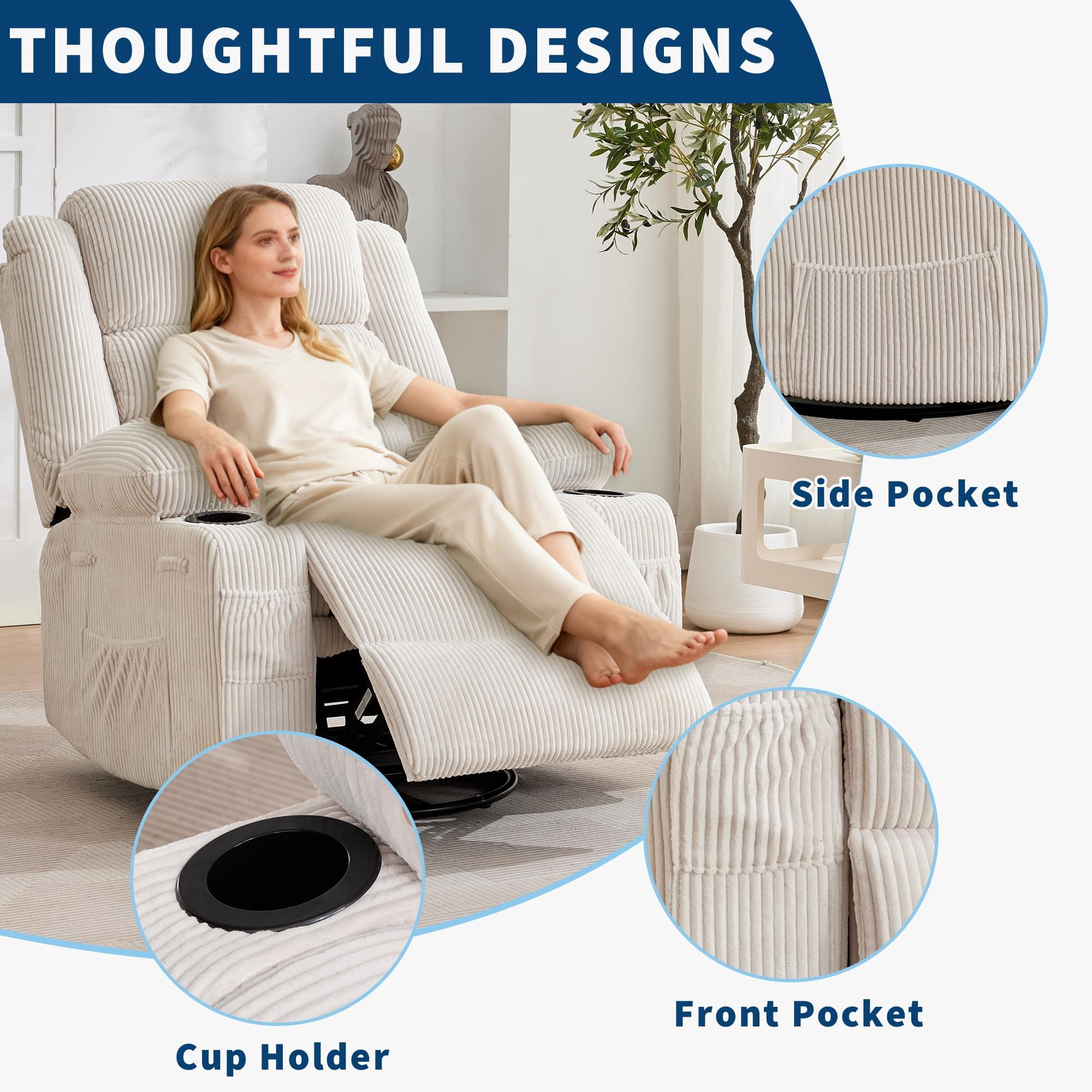 Oversized 360° Swivel Rocker Recliner Chair for Adults - Manual Recline ...