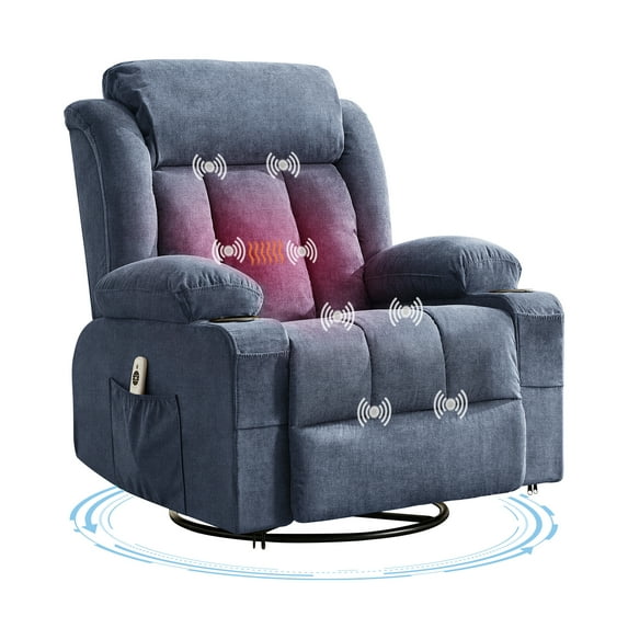 Oversized 360° Swivel Rocker Recliner Chair with Heat & Massage for Adults – 3-Position Adjustable Single Sofa, Remote Control, 2 Side Pockets, Cup Holders, USB Ports – Living Room Lounge Chair