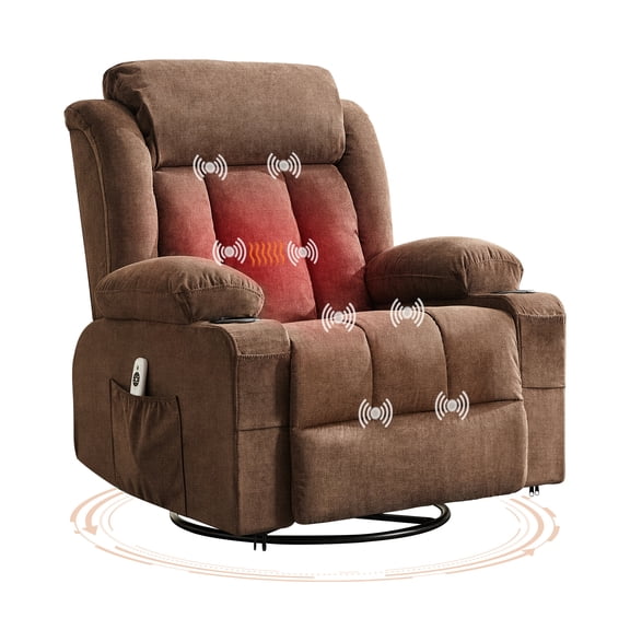 Oversized 360° Swivel Rocker Recliner Chair with Heat & Massage for Adults – 3-Position Adjustable Single Sofa, Remote Control, 2 Side Pockets, Cup Holders, USB Ports – Living Room Lounge Chair