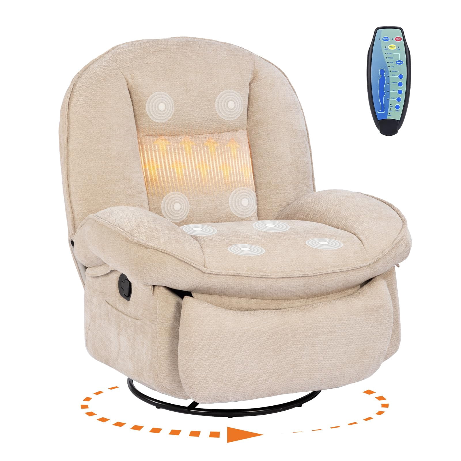 Oversized 360° Swivel Rocker Recliner Chair for Adults - Massage ...