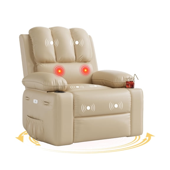 Oversized 360 Swivel Rocker Recliner with Massage & Heat, Extra Wide 27" PU Leather Chair with 1.5X Sponge for Living Room