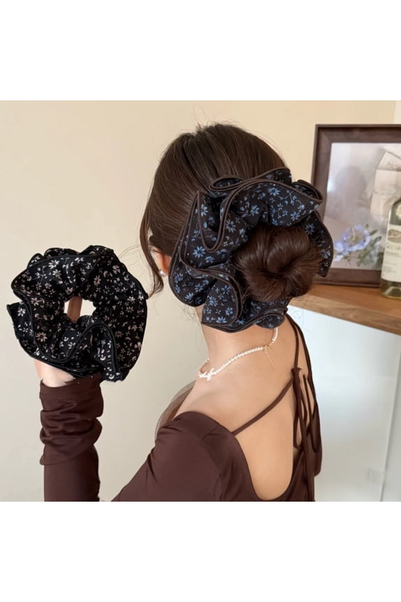 Oversized 4-Layer Floral Scrunchies for Women, Vintage Ruffled Hair Ties, High Elasticity Ponytail Holder