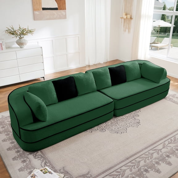 Oversized 4-Seat Green Teddy Fabric Sofa: No Assembly Required, 32D High-Density Sponge, Boneless Comfy Couch for Living Room, Symmetrical Contrast Design