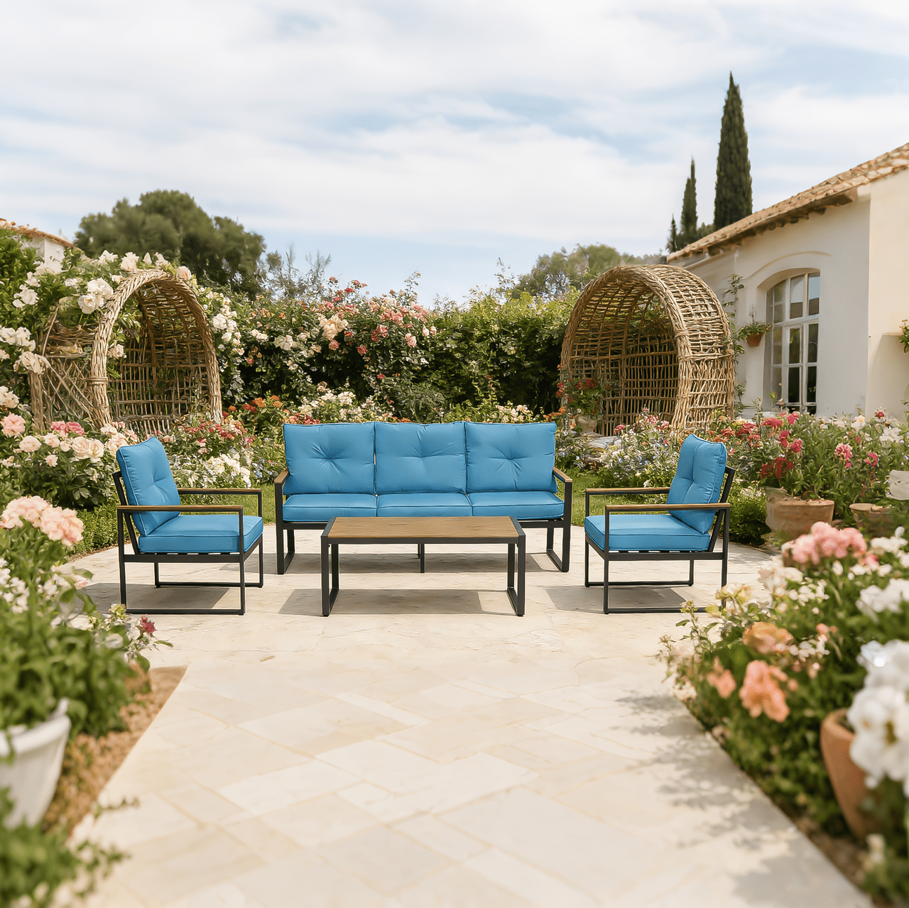 Oversized 5-Seater Steel Outdoor Patio Furniture Set, Metal Sectional Sofa with 4” Thick Cushions, WPC Coffee Table, Heavy Duty Conversation Set for Garden, Backyard & Deck