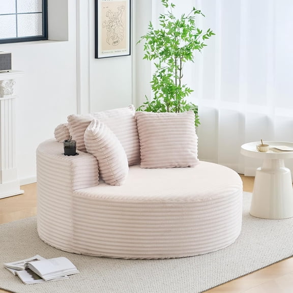Oversized 55" Round Chaise Lounge Chair, Corduroy Deep Seat Circle Couch with Cup Holders, Cloud Lounge Sofa, Upholstered Accent Chair, No Assembly for Living Room, Bedroom, Apartment,Beige