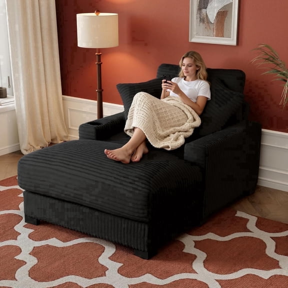 Chalantevo 60" Oversized Chaise Lounge Chair, Corduroy Upholstered with Pillows & Usb Charging Port, Easy Assembly, for Living Room, Bedroom, Black