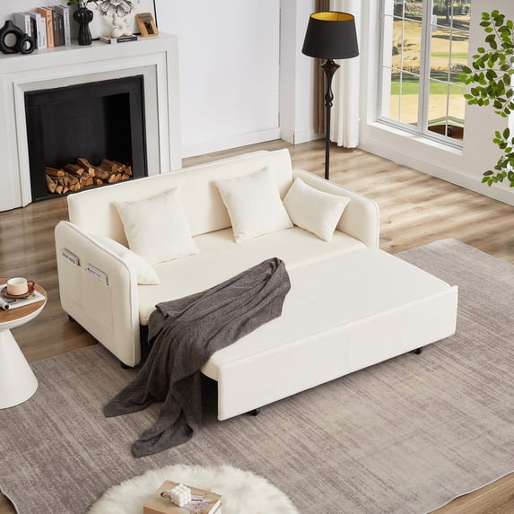 Oversized 66" Sleeper Sofa with Pull-Out Bed, 3-in-1 Convertible Sofa Bed with Storage Pockets for Living Room, Beige