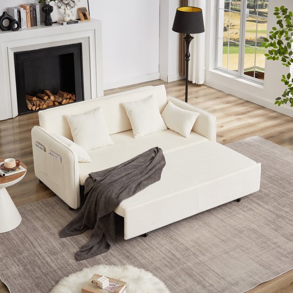 Oversized 66" Sleeper Sofa with Pull-Out Bed, 3-in-1 Convertible Sofa Bed with Storage Pockets for Living Room, Beige