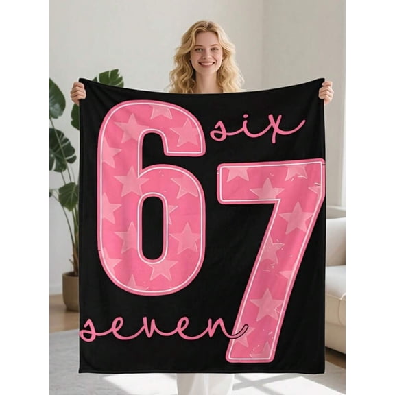 Oversized 67 Number Meme Print Flannel Blanket, 50x60 Large Pink & Black Star Design, All-Season Soft Warm Throw for Bed Couch Travel Camping, Funny Gift with Machine Washable Fabric