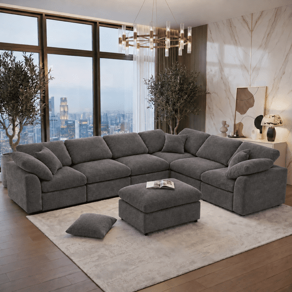 BINBANK Oversized 7-Seater Modular Sectional Sofa with Cloud Cushions and Movable Ottoman, 120.8-Inch L-Shaped Chenille Couch for Living Room, Apartment and Office