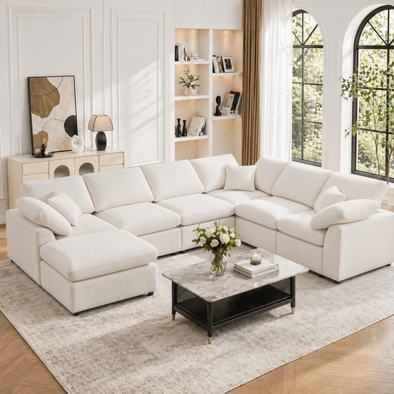 BINBANK 7-Seater Modular Sectional Sofa with Cloud Cushions and Ottoman, U-Shaped Convertible Sleeper Couch Solid Wood Base