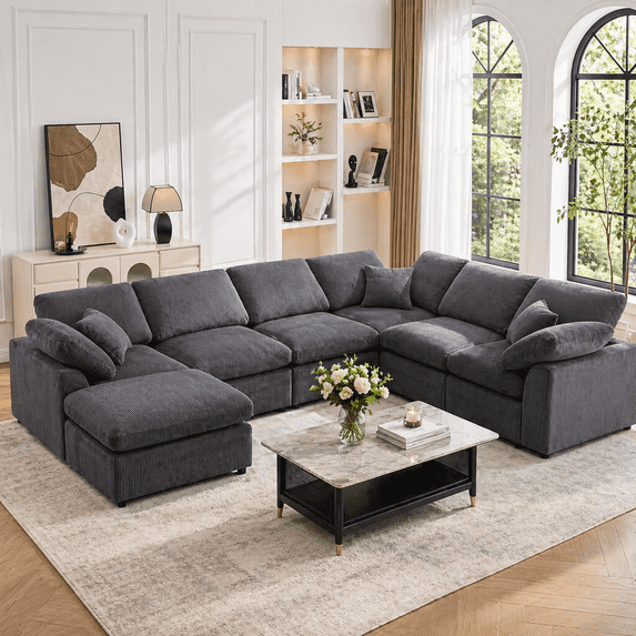 Oversized 7-Seater Modular Sectional Sofa with Cloud Cushions & Movable Ottoman - Convertible L/U-Shaped Sleeper Sofabed, Customizable Layout for Spacious Living Rooms/Apartments/Offices