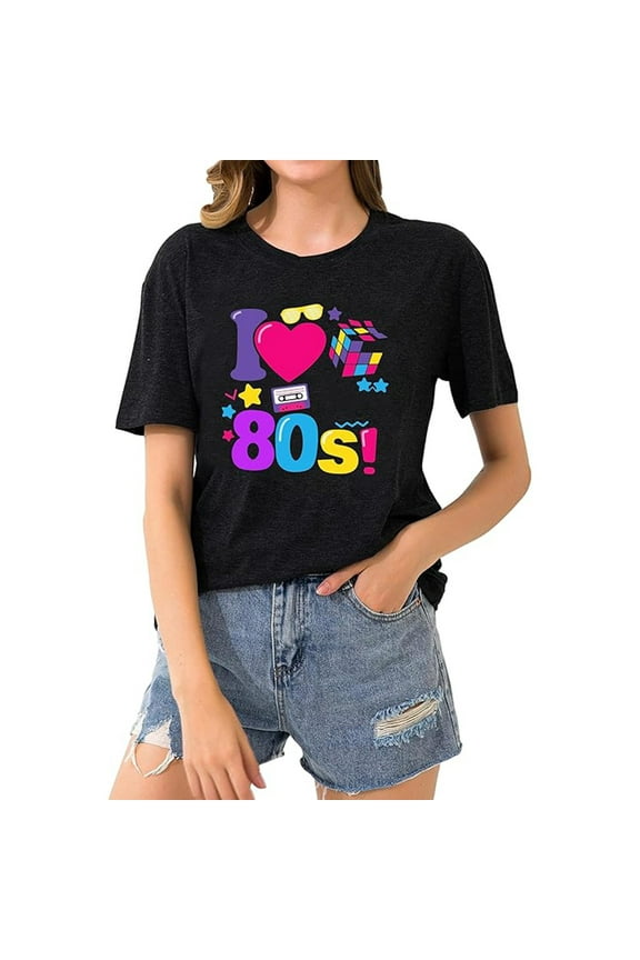 Oversized 80s T-Shirts for Women I Love The 80s Tees Vintage neon Crewneck Short Sleeve 1980 Themed Style Party Tops