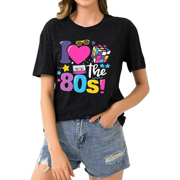 Oversized 80s T-Shirts for Women I Love The 80s Tees Vintage neon Crewneck Short Sleeve 1980 Themed Style Party Tops