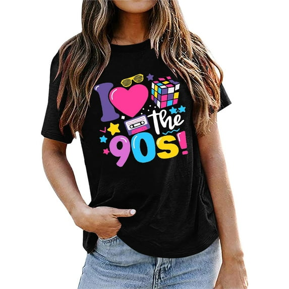 Oversized 90s T-Shirts for Women I Love The 90s Tees Vintage neon Crewneck Short Sleeve 1980 Themed Style Party Tops