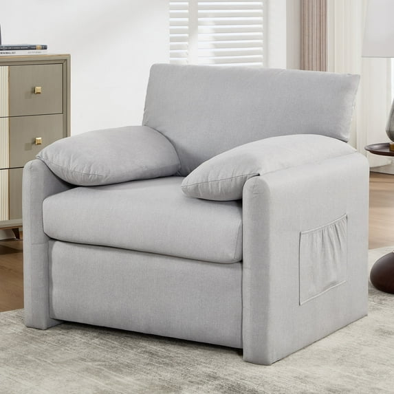 Oversized Accent Chair Mid-Century Modern Armchair for Living Room,USB and Type-C Ports,Comfy Reading Chairs for Bedroom with Side Pockets,Extra-Wide Single Sofa Chair (Beige, Set of 1)