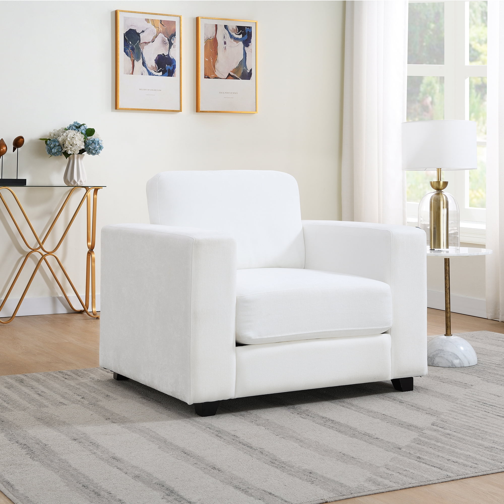 Oversized Accent Chair, Modern Chenille Fabric Upholstered Sofa Chair with Widen Arms, Comfy Armchair Reading Chair for Living Room Bedroom Office, Ivory